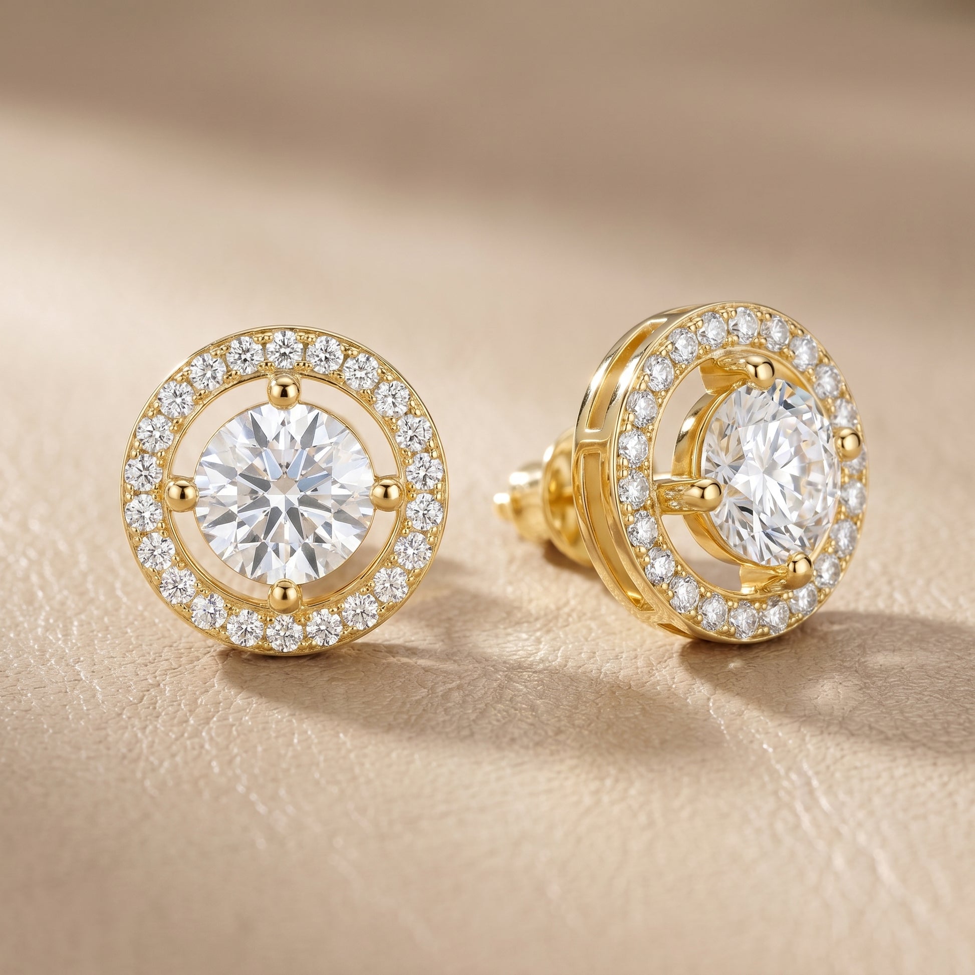 Round Cut Lab Grown Diamond Halo Stud Earrings in Yellow Gold