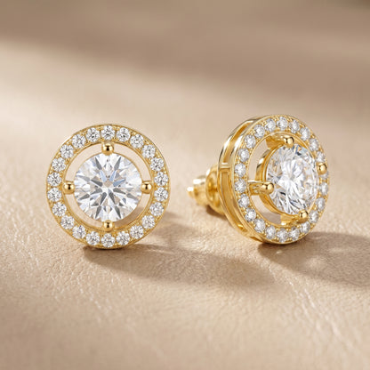 Round Cut Lab Grown Diamond Halo Stud Earrings in Yellow Gold