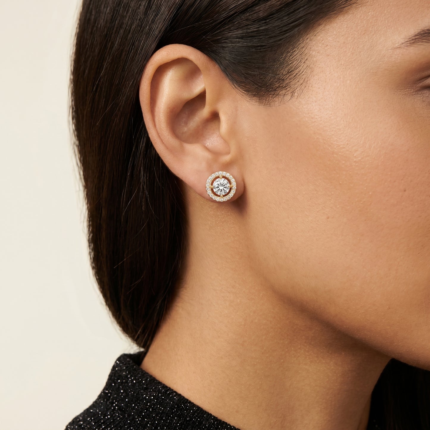 Round Cut Lab Grown Diamond Halo Stud Earrings in Yellow Gold