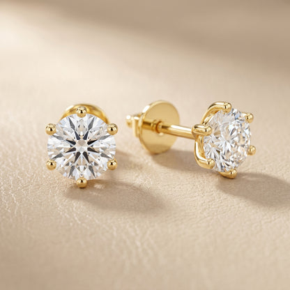 Round Cut Lab Grown Diamond Stud Earrings in Yellow Gold