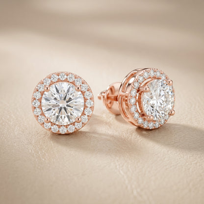 Round Cut Lab Grown Diamond Stud Earrings in Rose Gold