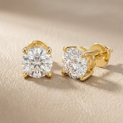 Round Cut Lab Grown Diamond Stud Earrings in Yellow Gold