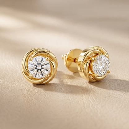 Round Cut Lab Grown Diamond Stud Earrings in Yellow Gold