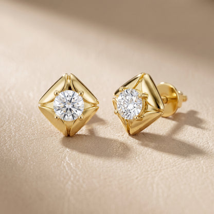 Round Cut Lab Grown Diamond Stud Earrings in Yellow Gold