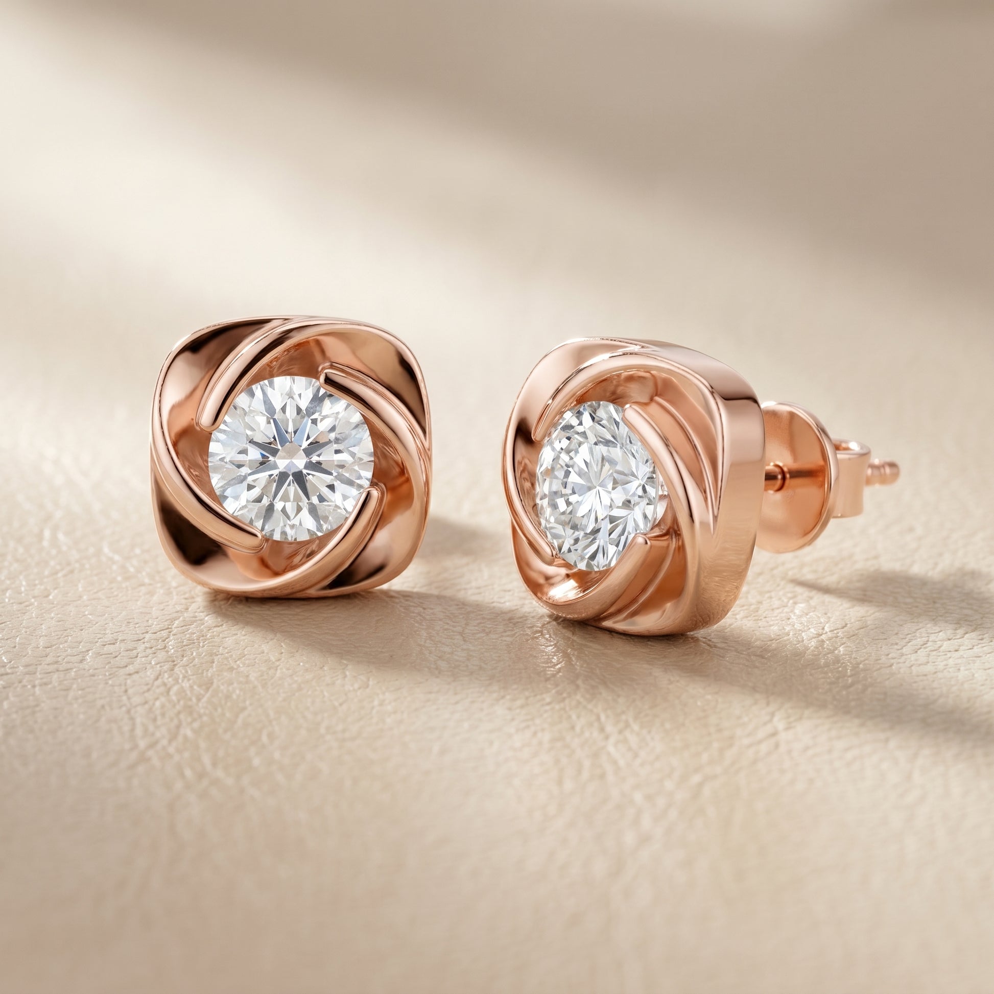 Round Cut Lab Grown Diamond Stud Earrings in Rose Gold