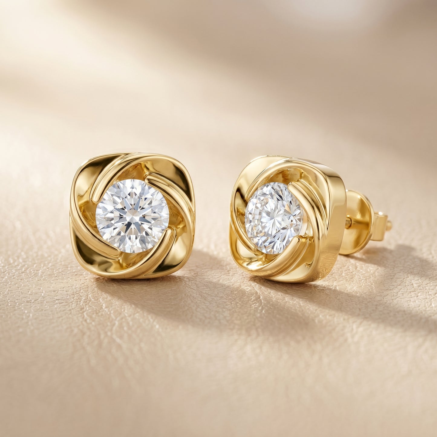 Round Cut Lab Grown Diamond Stud Earrings in Yellow Gold
