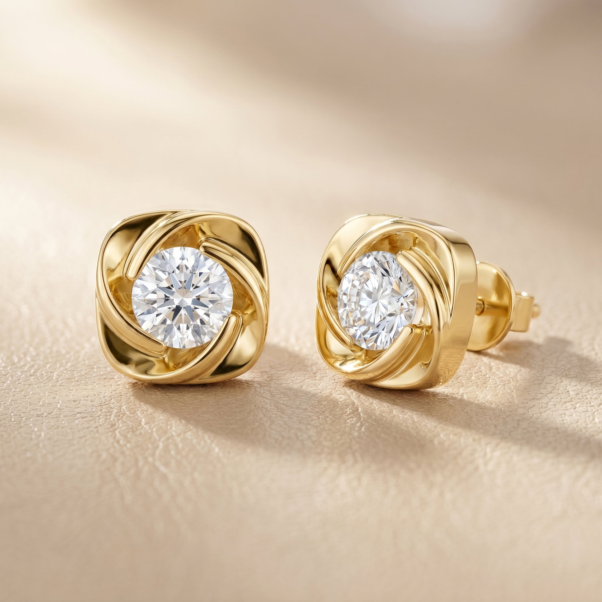 Round Cut Lab Grown Diamond Stud Earrings in Yellow Gold