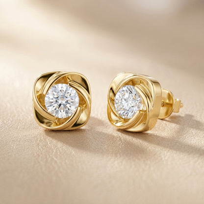 Round Cut Lab Grown Diamond Stud Earrings in Yellow Gold