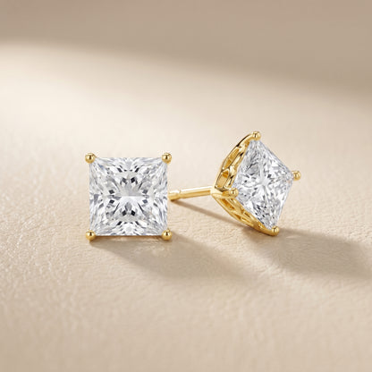 Princess Cut Lab Grown Diamond Stud Earrings in Yellow Gold