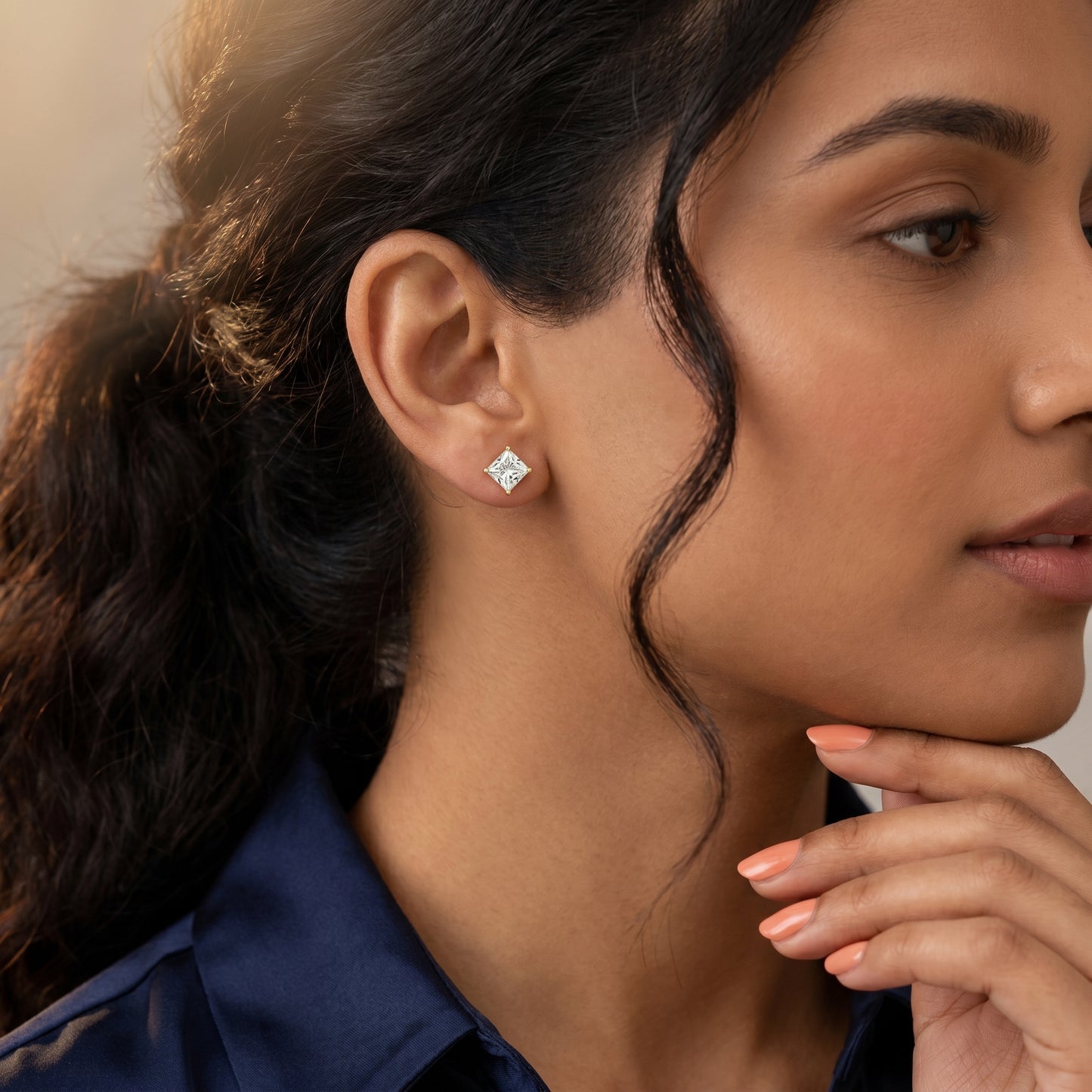 Princess Cut Lab Grown Diamond Stud Earrings in Yellow Gold