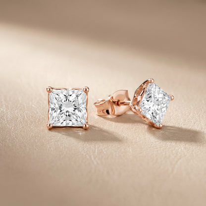 Princess Cut Lab Grown Diamond Stud Earrings in Rose Gold