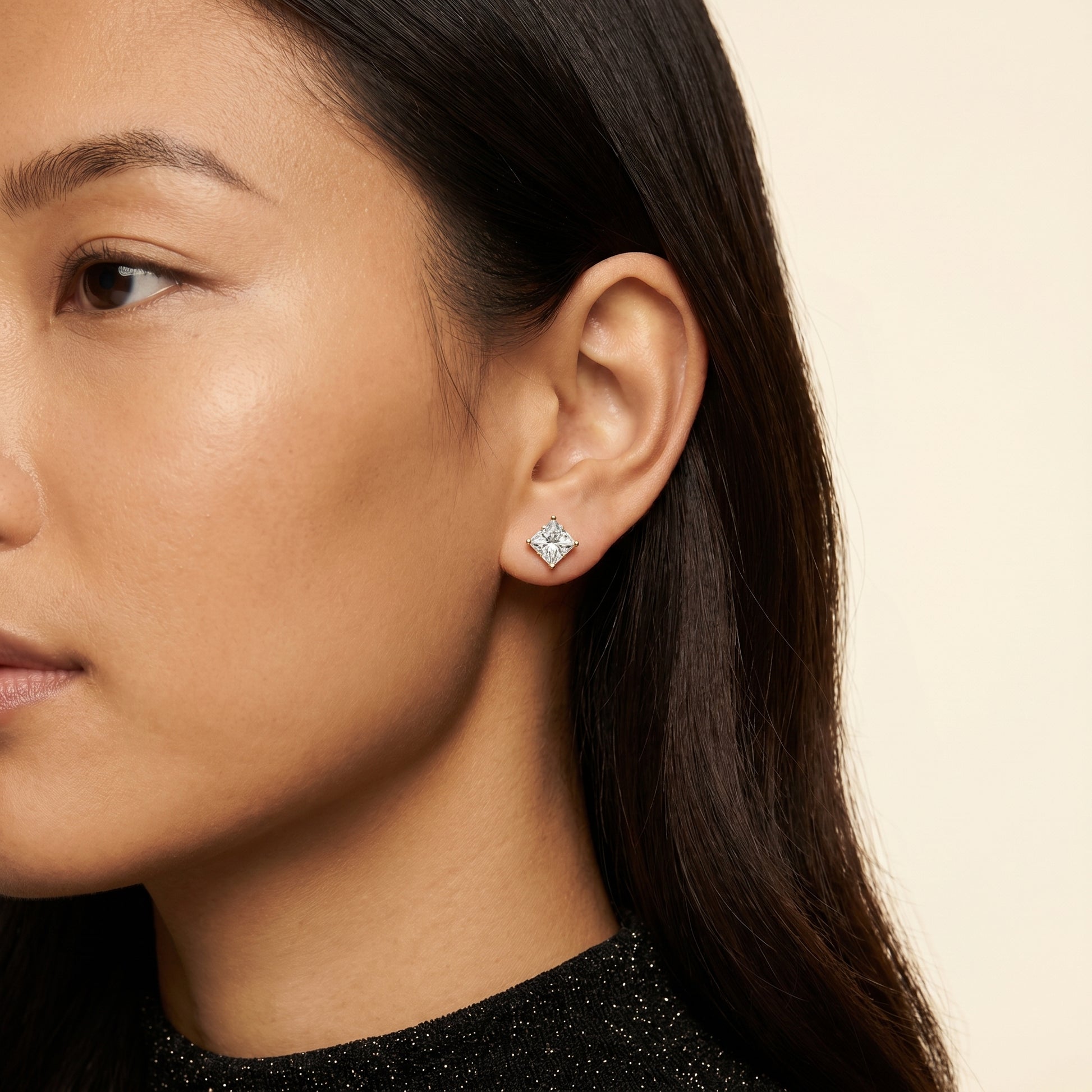 Princess Cut Lab Grown Diamond Stud Earrings in Yellow Gold