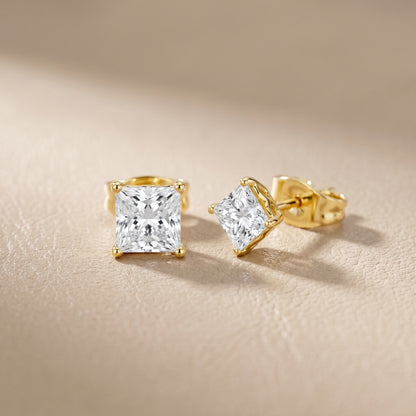 Princess Cut Lab Grown Diamond Stud Earrings in Yellow Gold