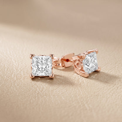 Princess Cut Lab Grown Diamond Stud Earrings in Rose Gold