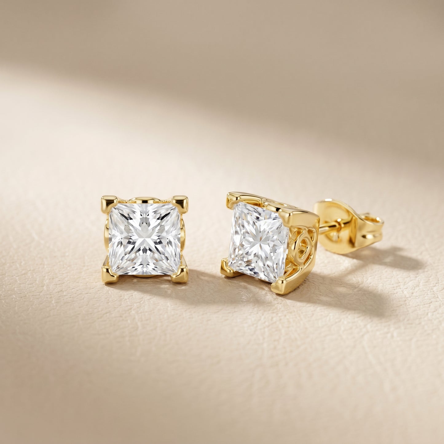 Princess Cut Lab Grown Diamond Stud Earrings in Yellow Gold