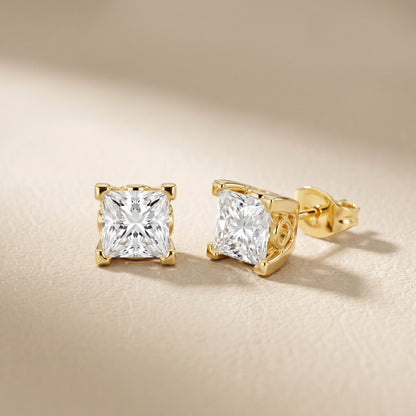 Princess Cut Lab Grown Diamond Stud Earrings in Yellow Gold