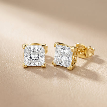 Princess Cut Lab Grown Diamond Stud Earrings in Yellow Gold