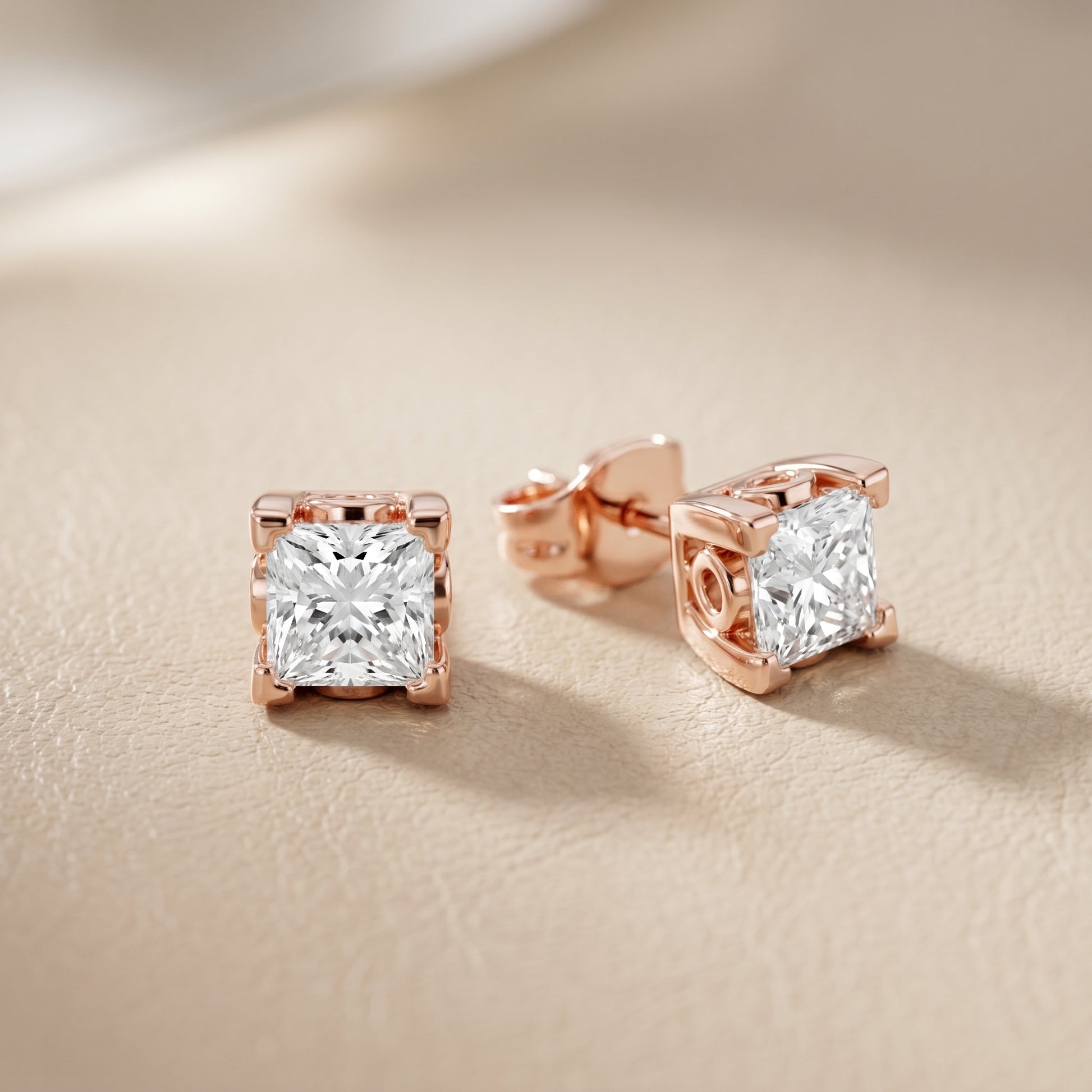 Princess Cut Lab Grown Diamond Stud Earrings in Rose Gold