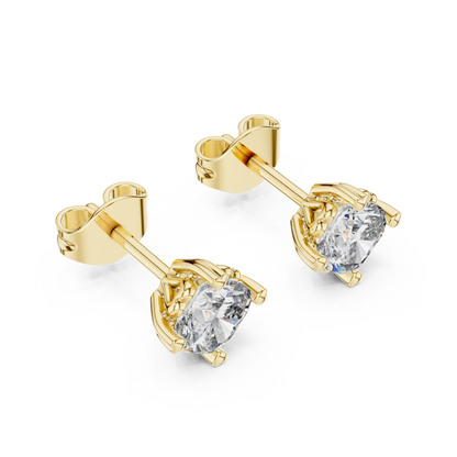 Cushion Cut Lab Grown Diamond Stud Earrings in Yellow Gold