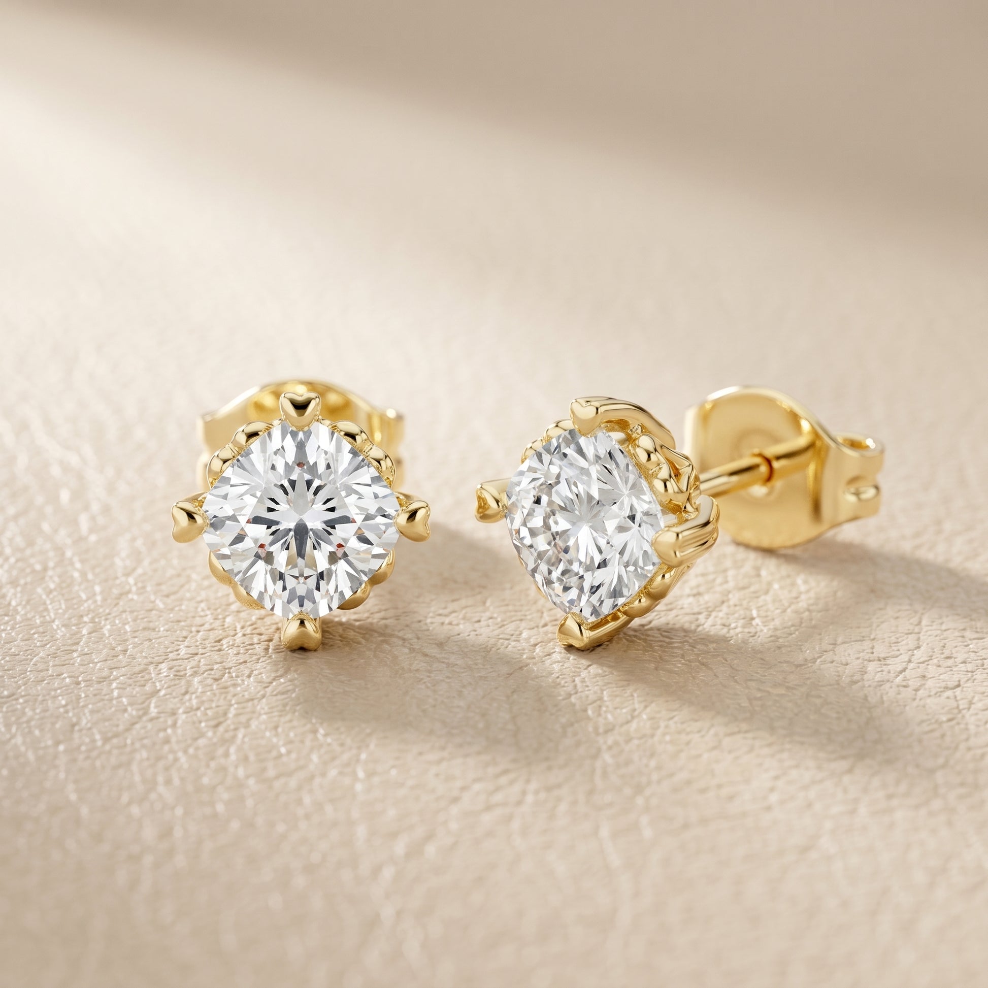 Cushion Cut Lab Grown Diamond Stud Earrings in Yellow Gold