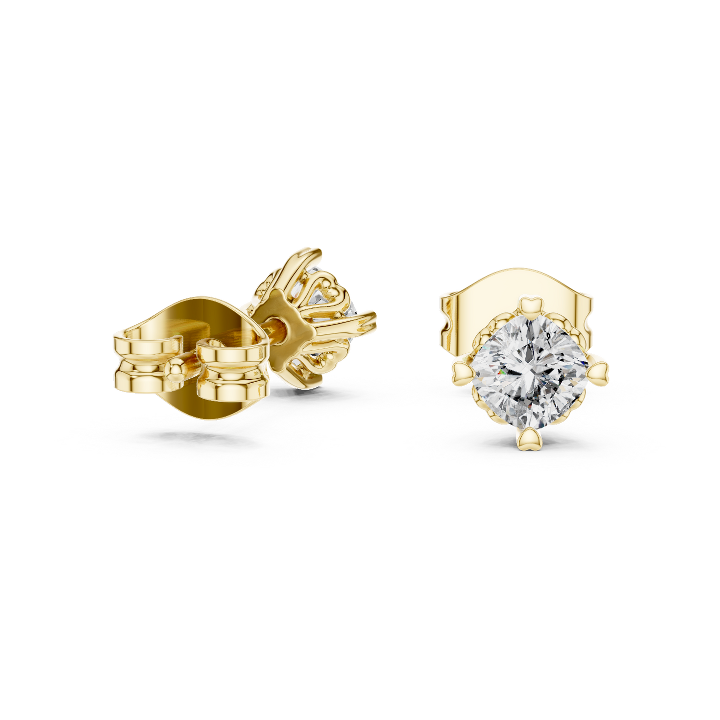 Cushion Cut Lab Grown Diamond Stud Earrings in Yellow Gold