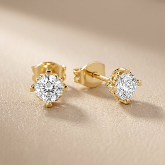 Cushion Cut Lab Grown Diamond Stud Earrings in Yellow Gold