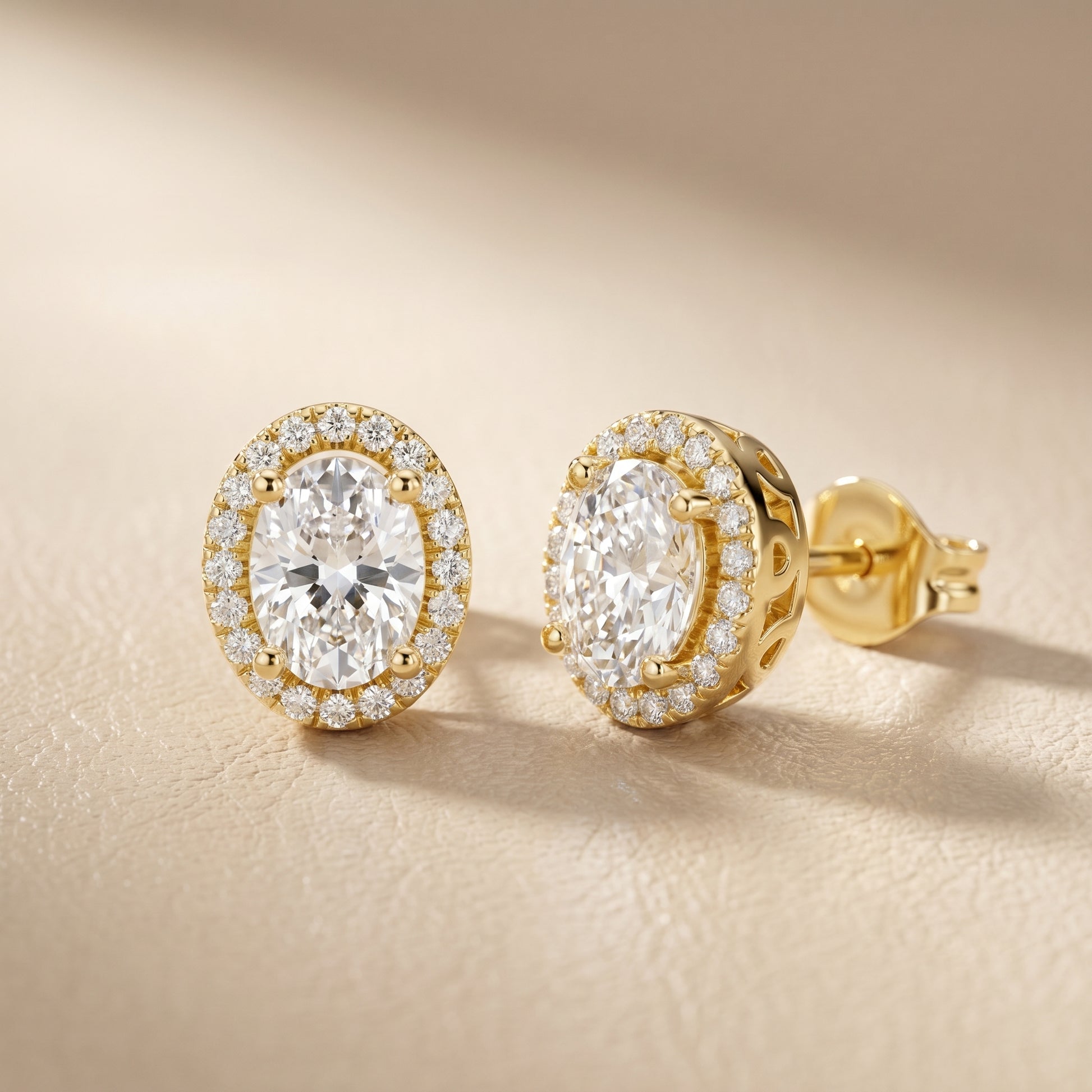 Oval Round Cut Lab Grown Diamond Stud Earrings in Yellow Gold