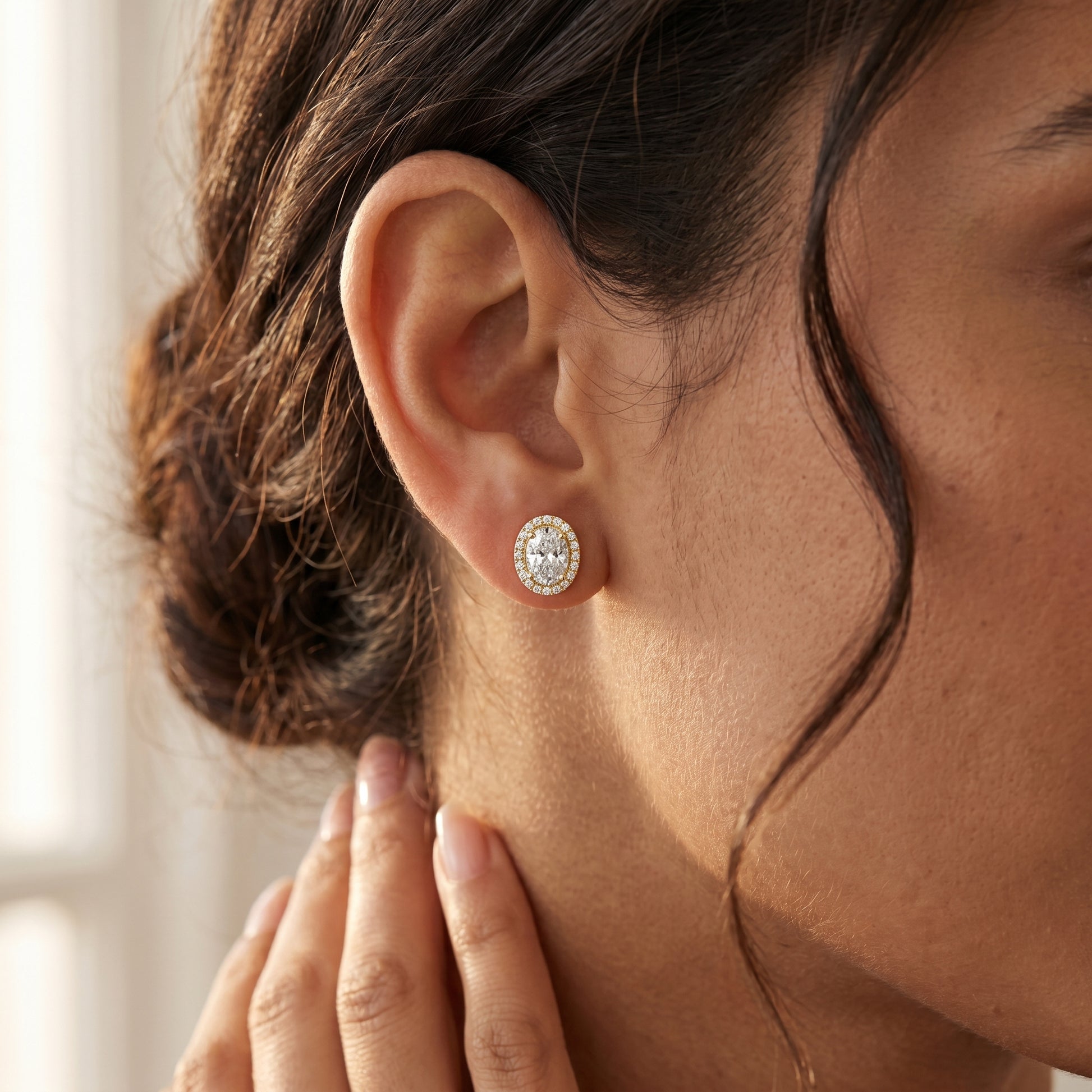 Oval Round Cut Lab Grown Diamond Stud Earrings in Yellow Gold