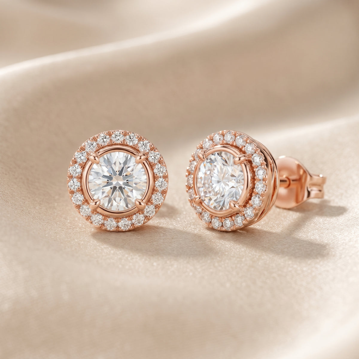 Round Cut Lab Grown Diamond Stud Earrings in Rose Gold
