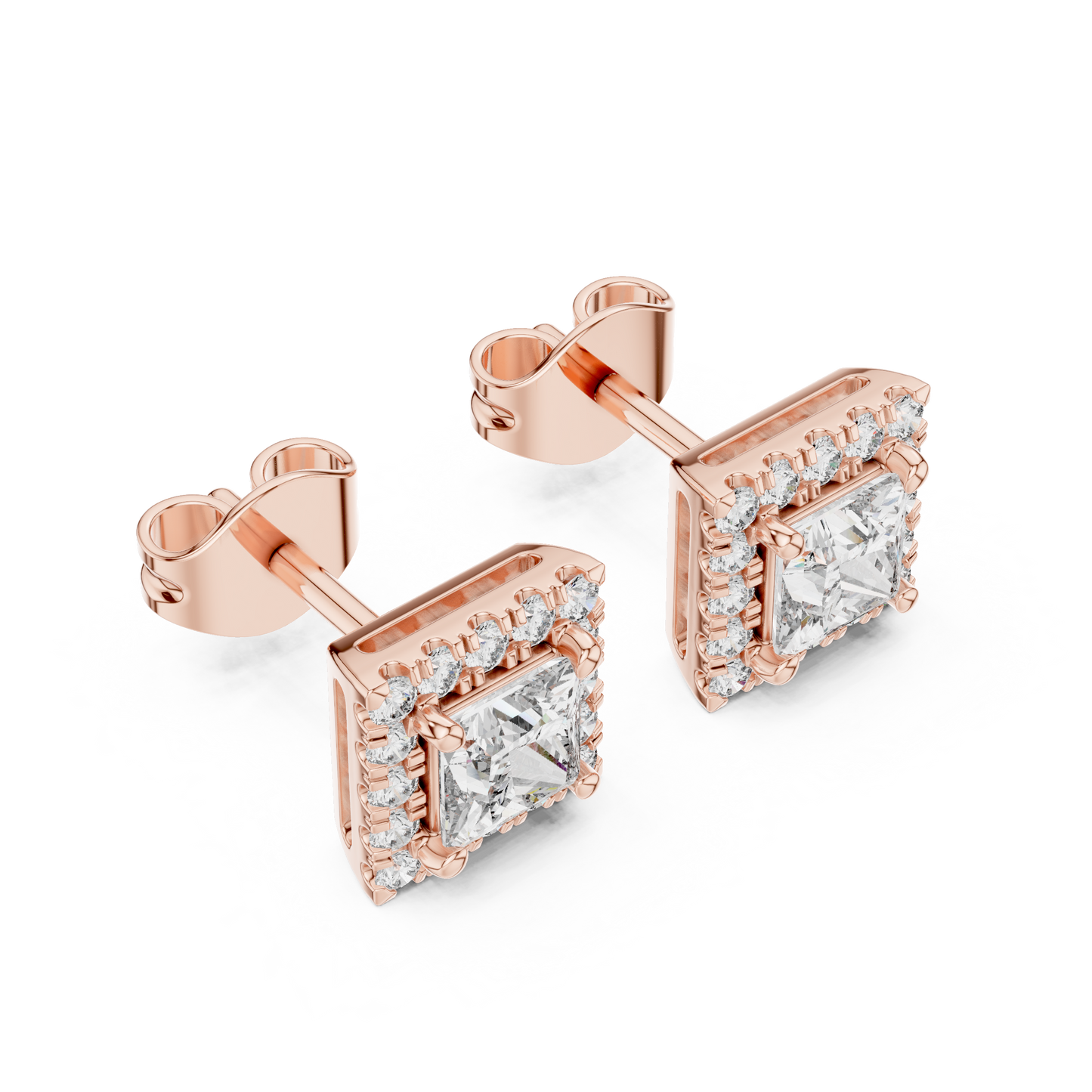 Princess Round Cut Lab Grown Diamond Stud Earrings in Rose Gold