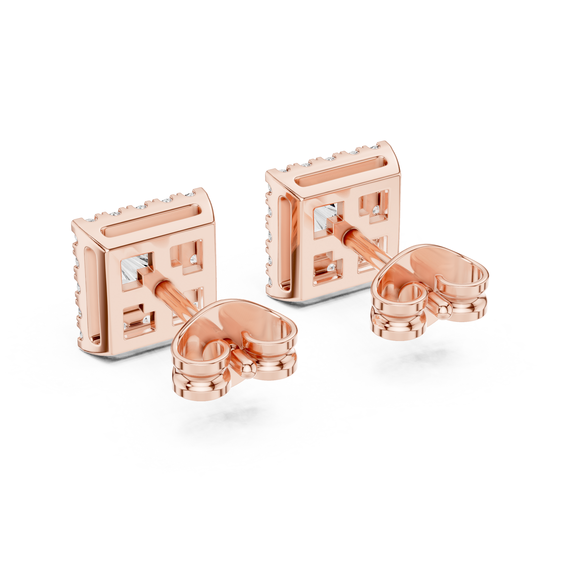 Princess Round Cut Lab Grown Diamond Stud Earrings in Rose Gold