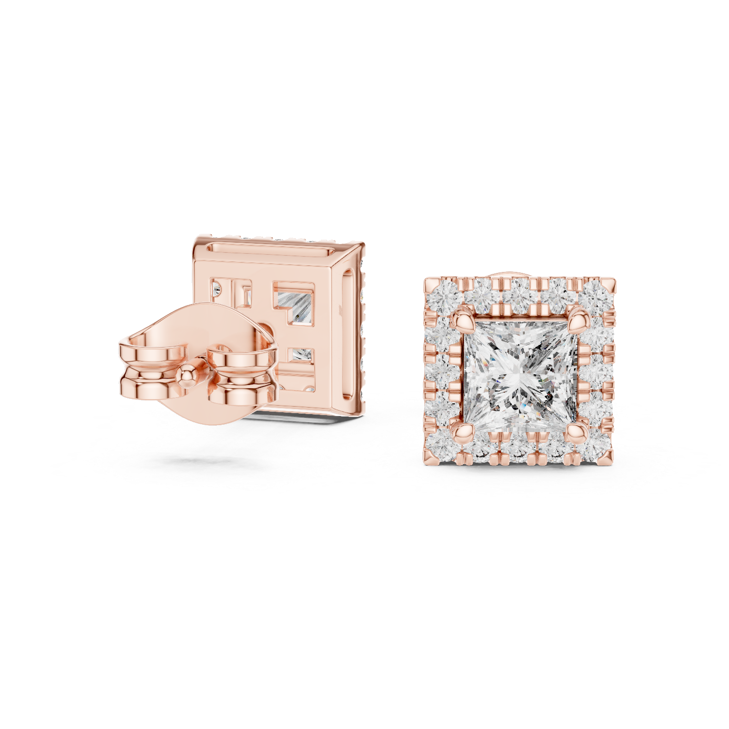 Princess Round Cut Lab Grown Diamond Stud Earrings in Rose Gold