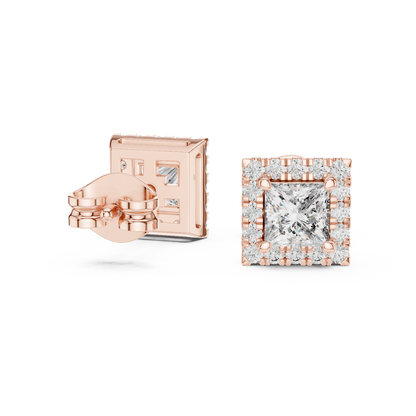 Princess Round Cut Lab Grown Diamond Stud Earrings in Rose Gold