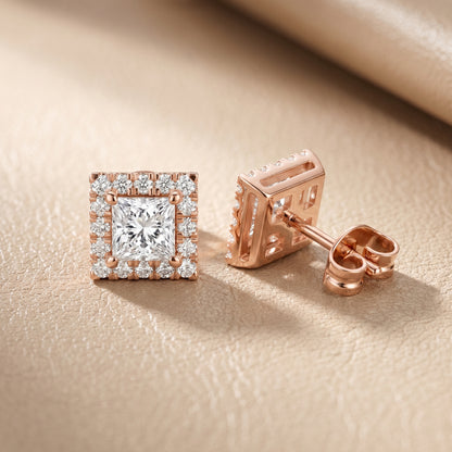 Princess Round Cut Lab Grown Diamond Stud Earrings in Rose Gold
