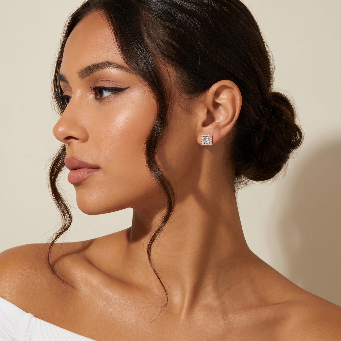 Princess Round Cut Lab Grown Diamond Stud Earrings in Rose Gold