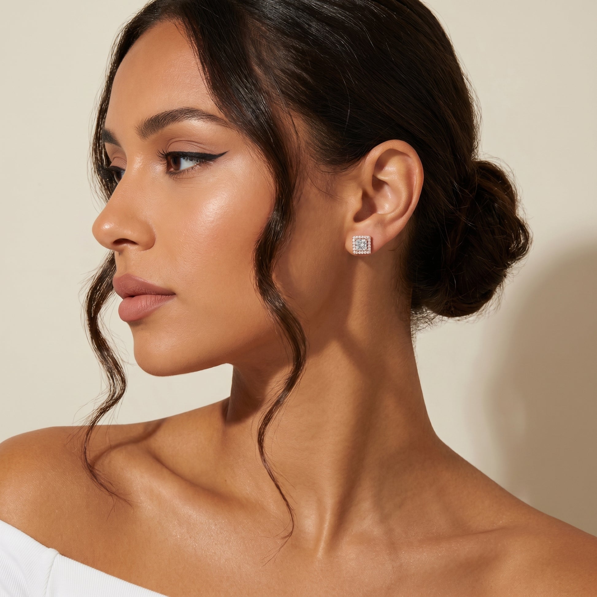 Princess Round Cut Lab Grown Diamond Stud Earrings in Rose Gold