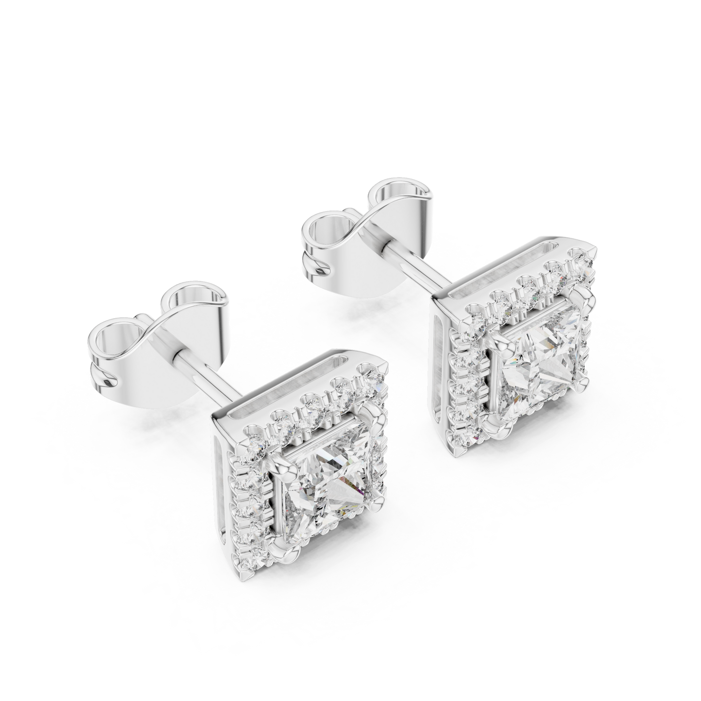 Princess Round Cut Lab Grown Diamond Stud Earrings in White Gold
