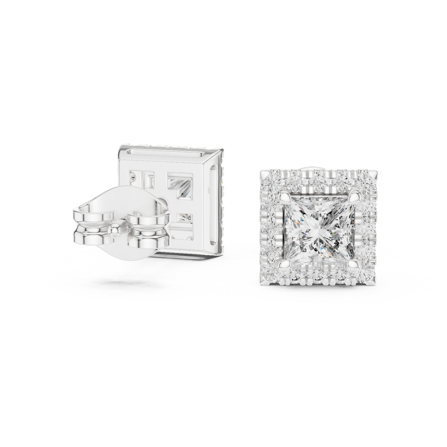 Princess Round Cut Lab Grown Diamond Stud Earrings in White Gold