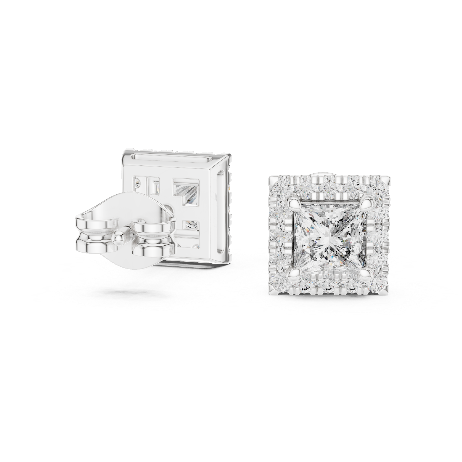 Princess Round Cut Lab Grown Diamond Stud Earrings in Silver
