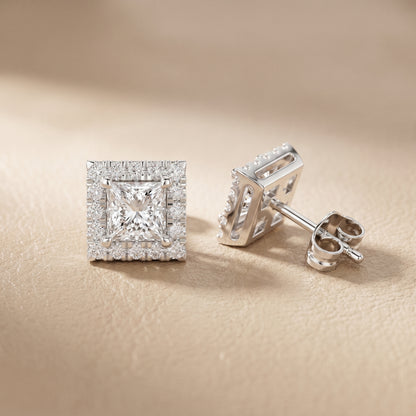 Princess Round Cut Lab Grown Diamond Stud Earrings in White Gold