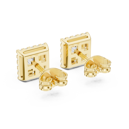 Princess Round Cut Lab Grown Diamond Stud Earrings in Yellow Gold