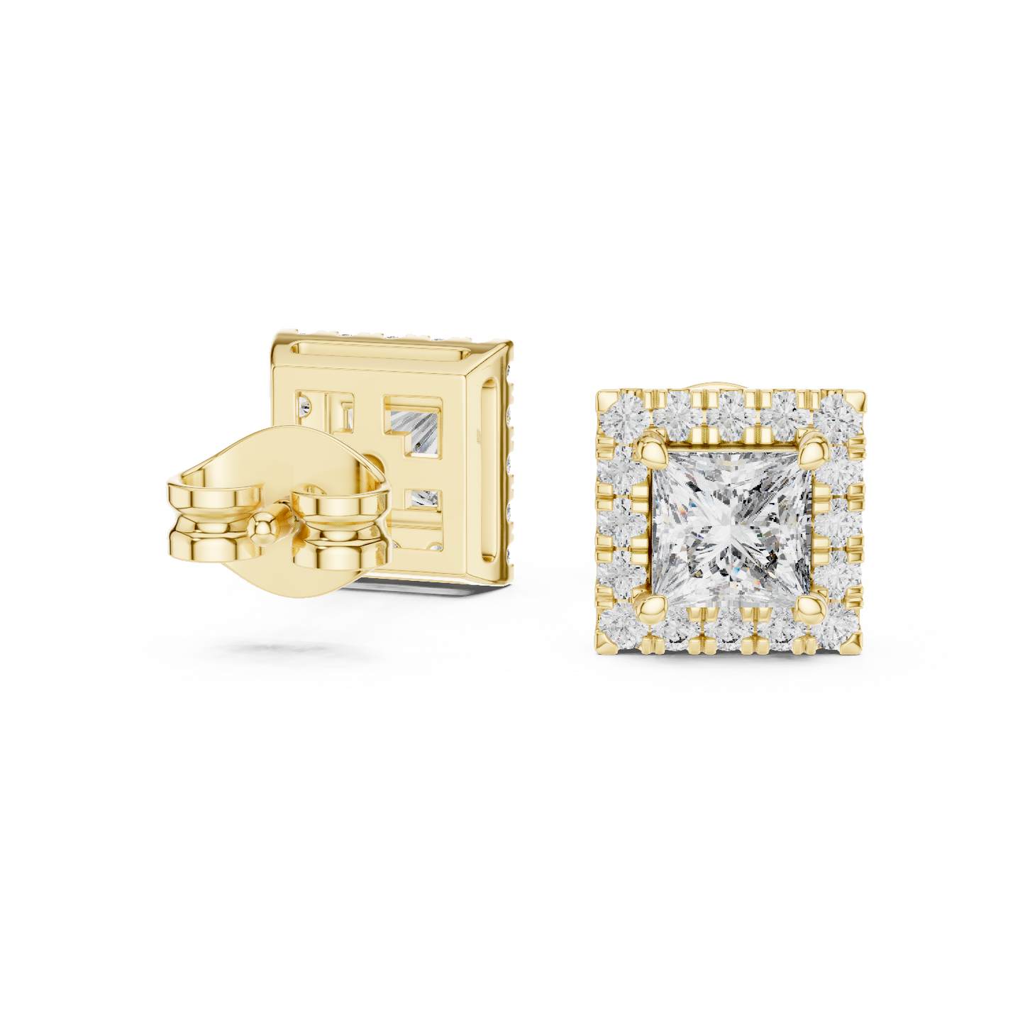 Princess Round Cut Lab Grown Diamond Stud Earrings in Yellow Gold