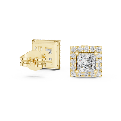 Princess Round Cut Lab Grown Diamond Stud Earrings in Yellow Gold