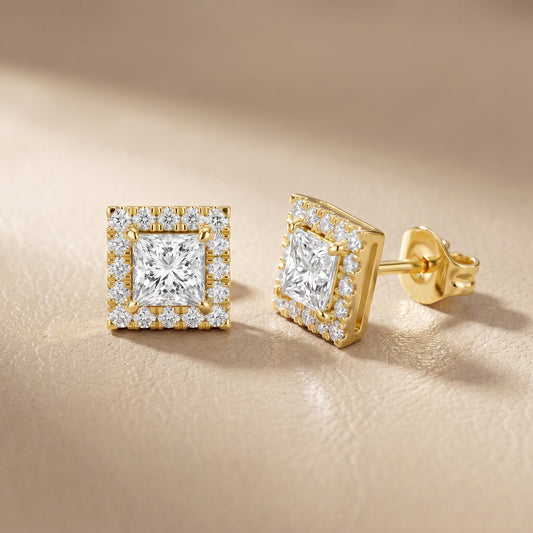 Princess Round Cut Lab Grown Diamond Stud Earrings in Yellow Gold