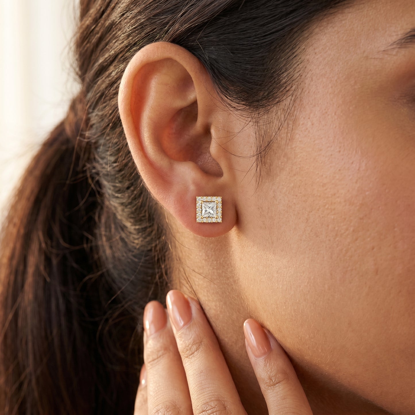 Princess Round Cut Lab Grown Diamond Stud Earrings in Yellow Gold
