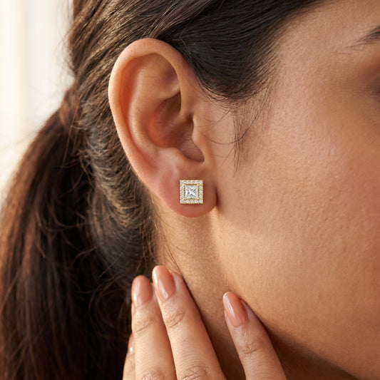Princess Round Cut Lab Grown Diamond Stud Earrings in Yellow Gold