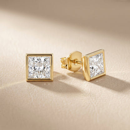 Princess Cut Lab Grown Diamond Stud Earrings in Yellow Gold