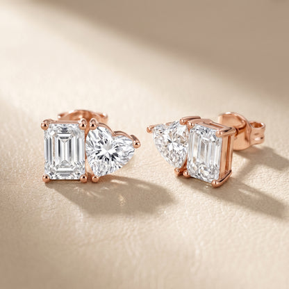 Emerald Heart Cut Lab Grown Diamond Stud Earrings in Rose Gold