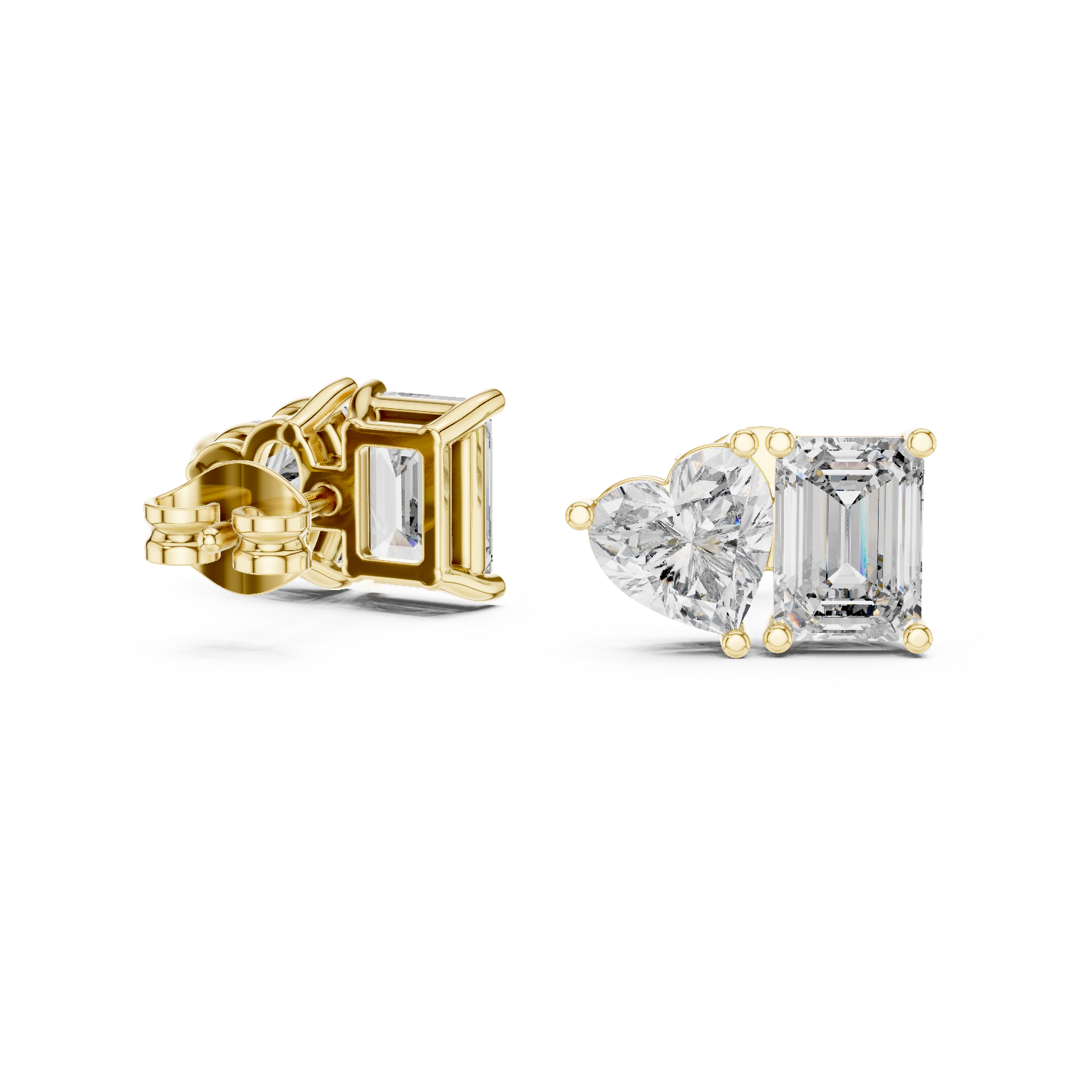 Emerald Heart Cut Lab Grown Diamond Stud Earrings in Yellow Gold