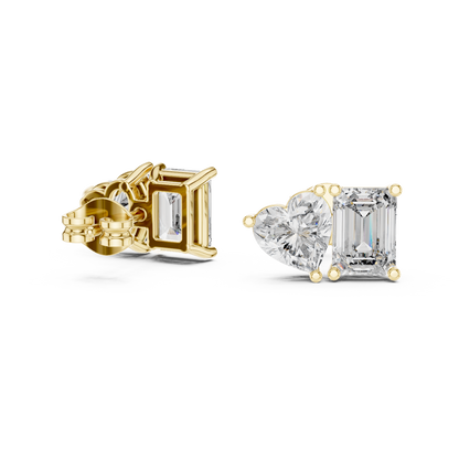 Emerald Heart Cut Lab Grown Diamond Stud Earrings in Yellow Gold